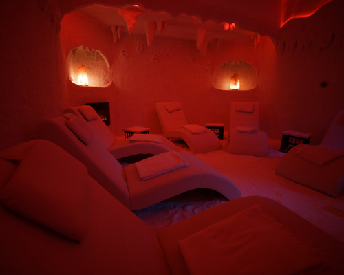 Salt therapy room showing negative ion generator and air quality monitoring